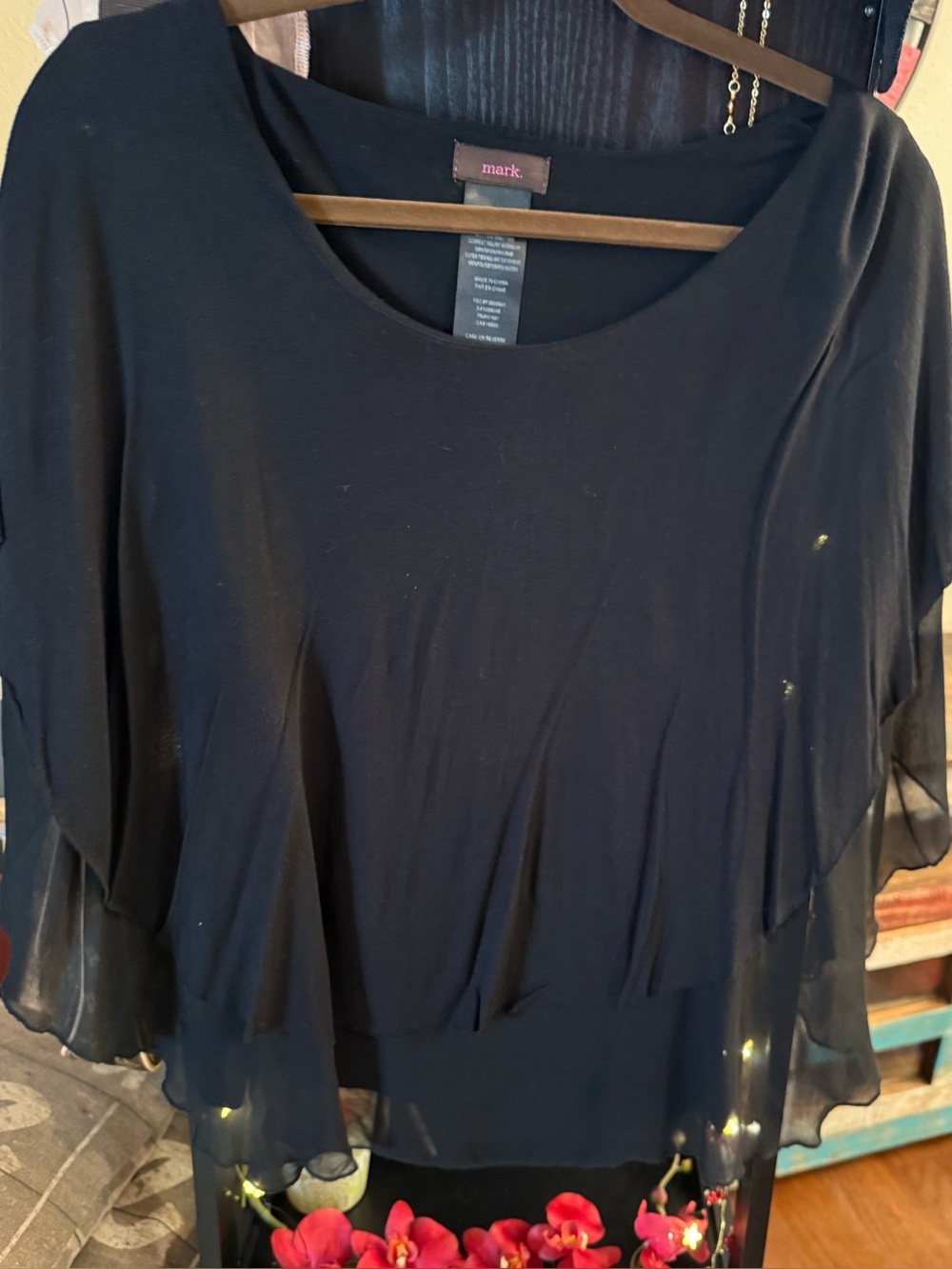 mark. Black Layered Chiffon Flutter-Sleeve Tunic Top